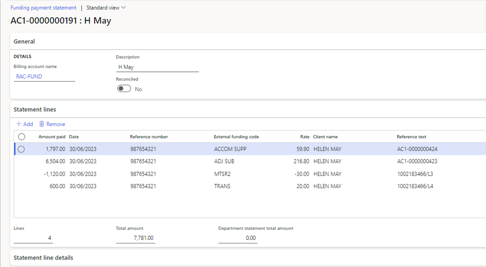 Funding payment statement